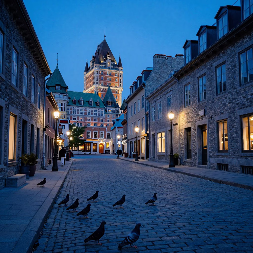 Quebec City Evening Blue Hour Street Scene with Pigeons and Cobblestones in in Quebec City, Quebec, Canada