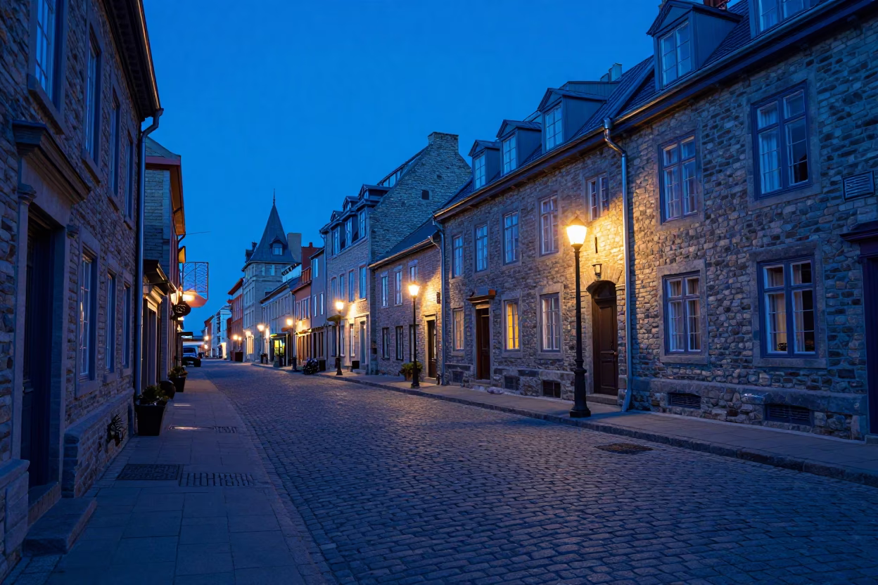 Quebec City Evening Blue Light Street Scene with Local Details in in Quebec City, Quebec, Canada