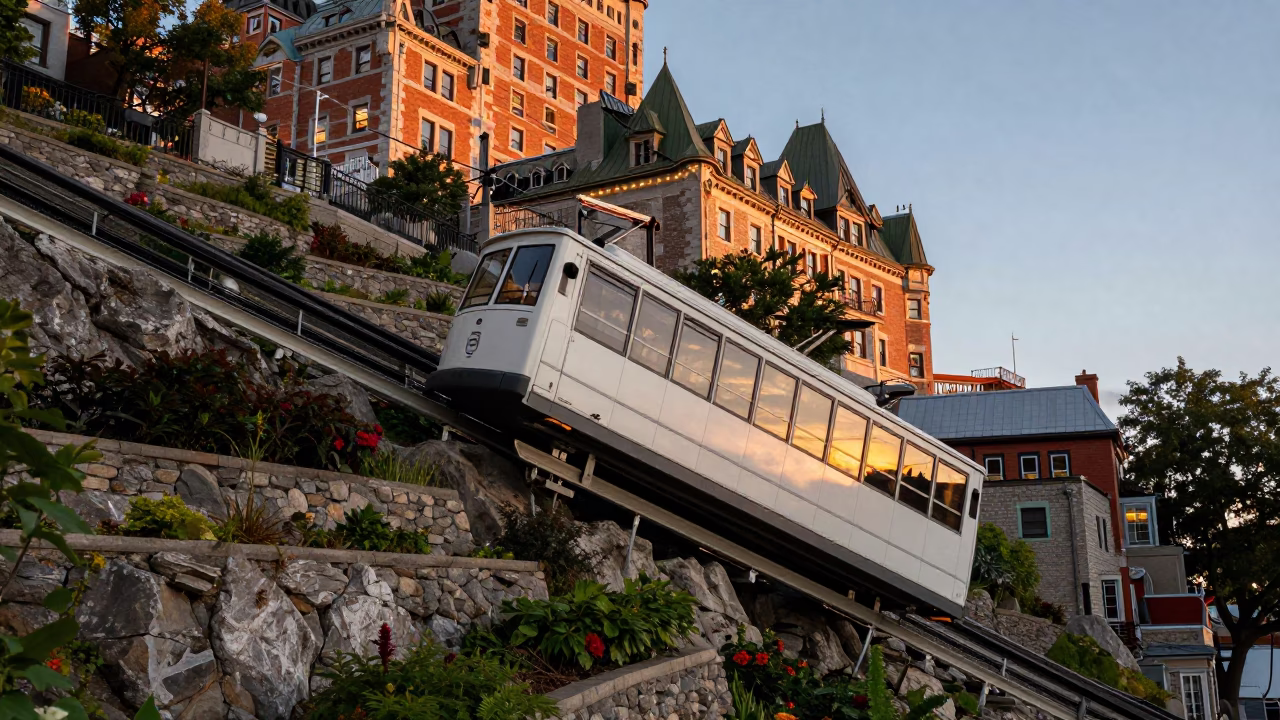 Quebec City Evening Funicular Rising Through Terraced Gardens in Honeyed Light in in Quebec City, Quebec, Canada