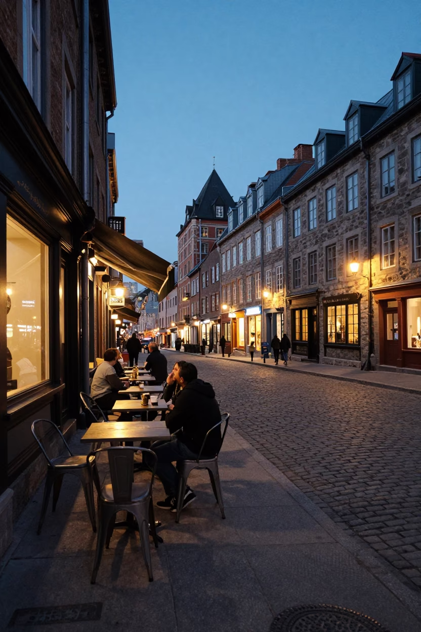 Quebec City evening glow on cobblestone street with café seating in in Quebec City, Quebec, Canada