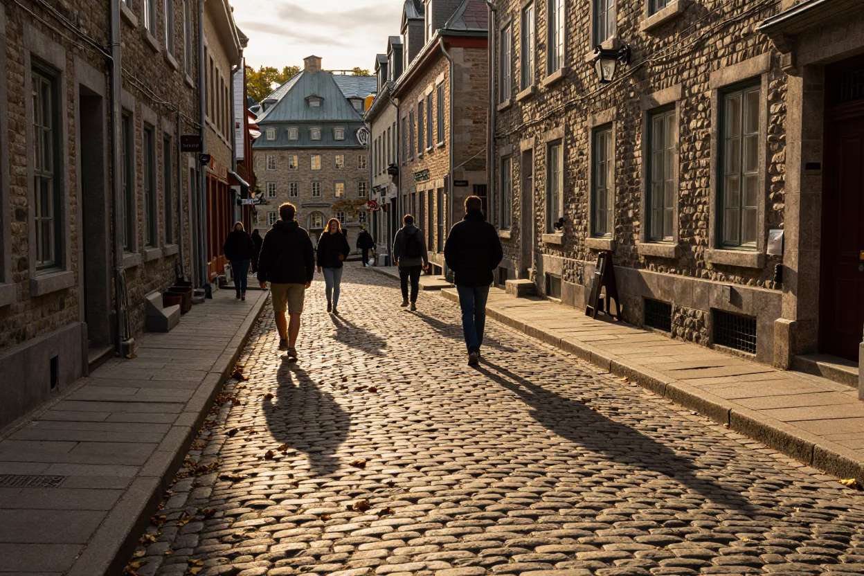 Quebec City Evening Light on Cobblestone Street with Leaf Shadows in in Quebec City, Quebec, Canada