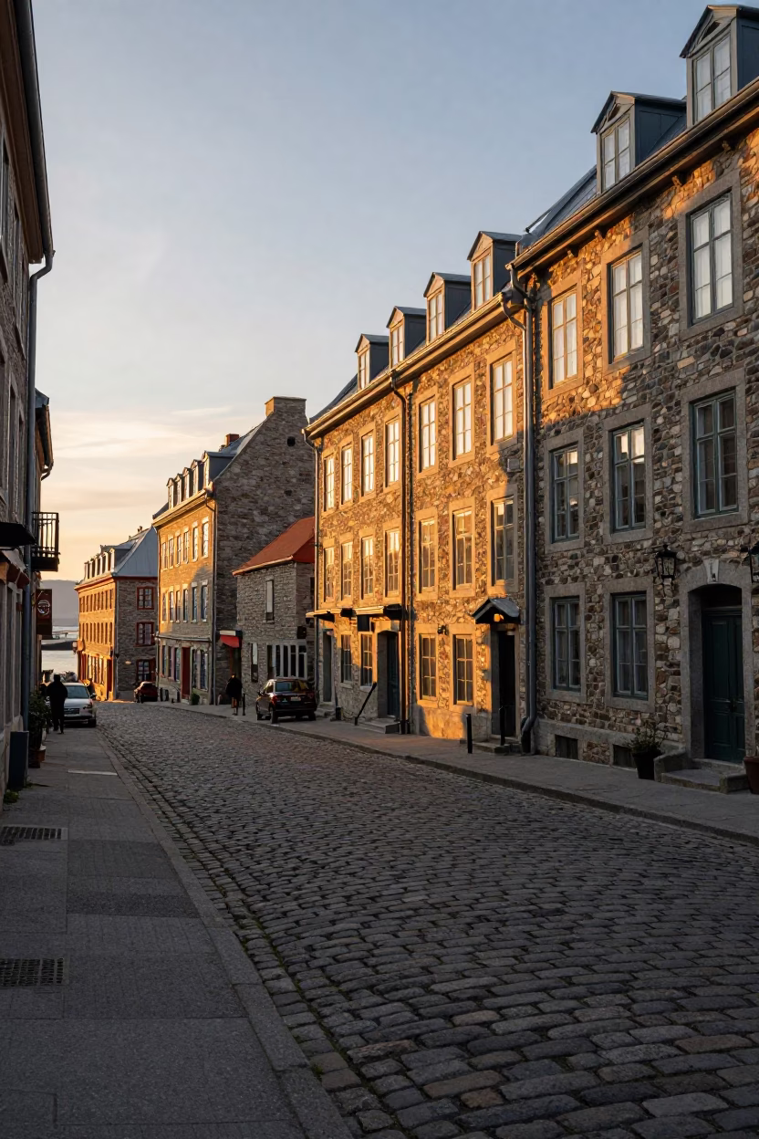 Quebec City Evening Light on Cobblestone Streets Near Old Port Waterfront District in in Quebec City, Quebec, Canada