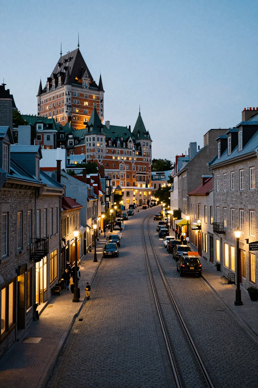 Quebec City Evening Street Scene with Aerial Tramway and Cobblestone Architecture in in Quebec City, Quebec, Canada