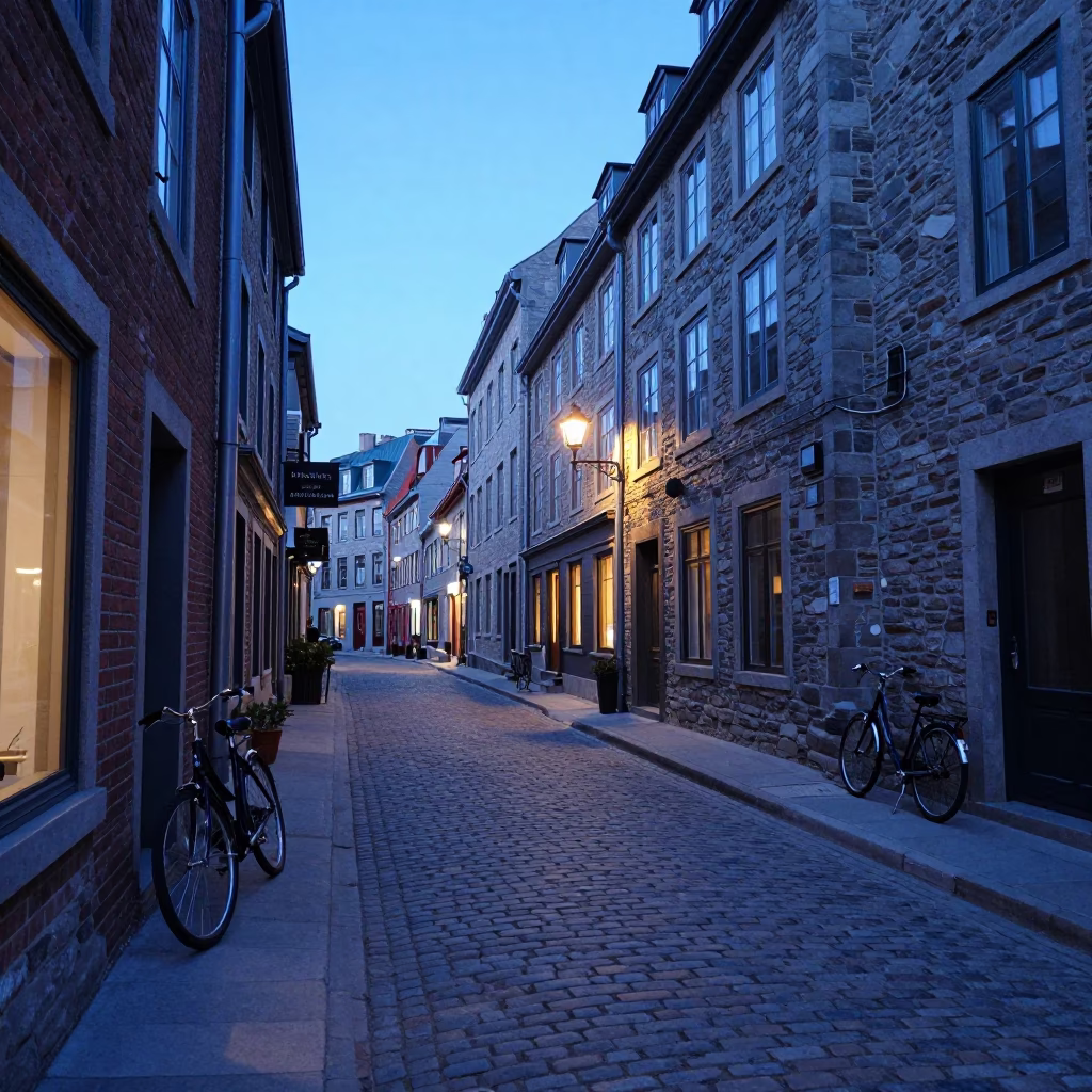 Quebec City Evening Street Scene with Bicycle and Urban Details in in Quebec City, Quebec, Canada