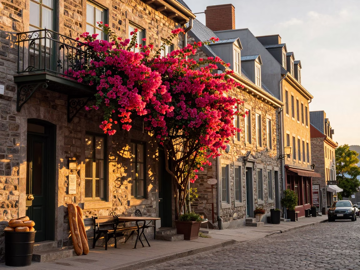 Quebec City Evening Street Scene with Bougainvillea and Bread Loaves in in Quebec City, Quebec, Canada