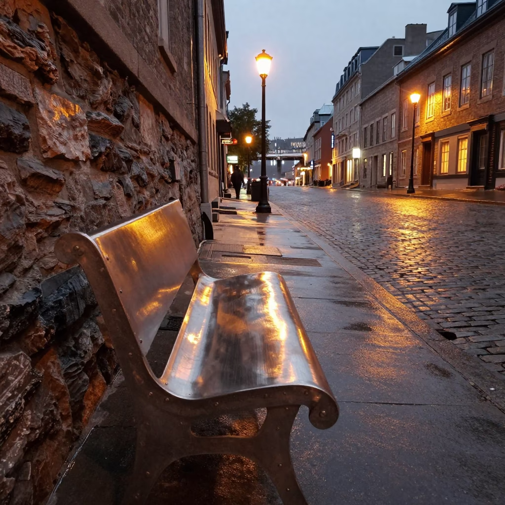 Quebec City Evening Street Scene with Brushed Steel Bench and Porcelain Jar in in Quebec City, Quebec, Canada