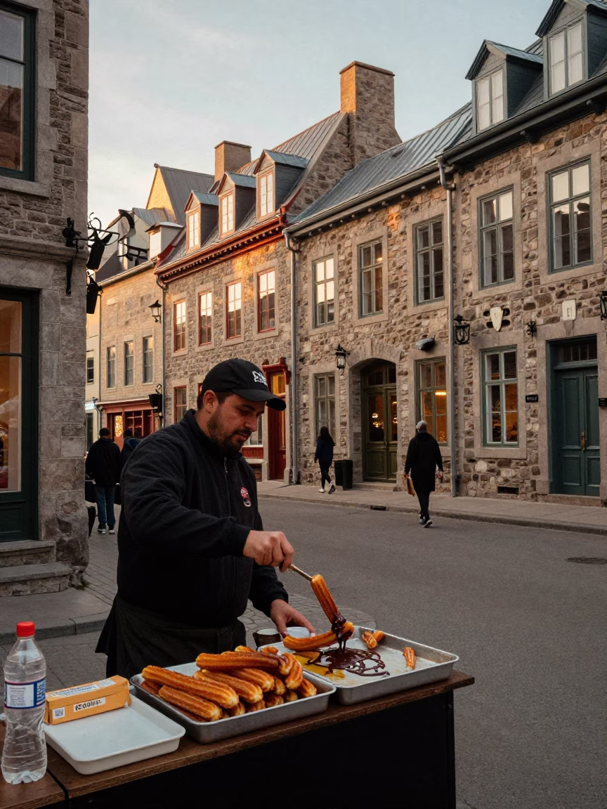 Quebec City Evening Street Scene with Churros and Chocolate Sauce in Honeyed Light in in Quebec City, Quebec, Canada