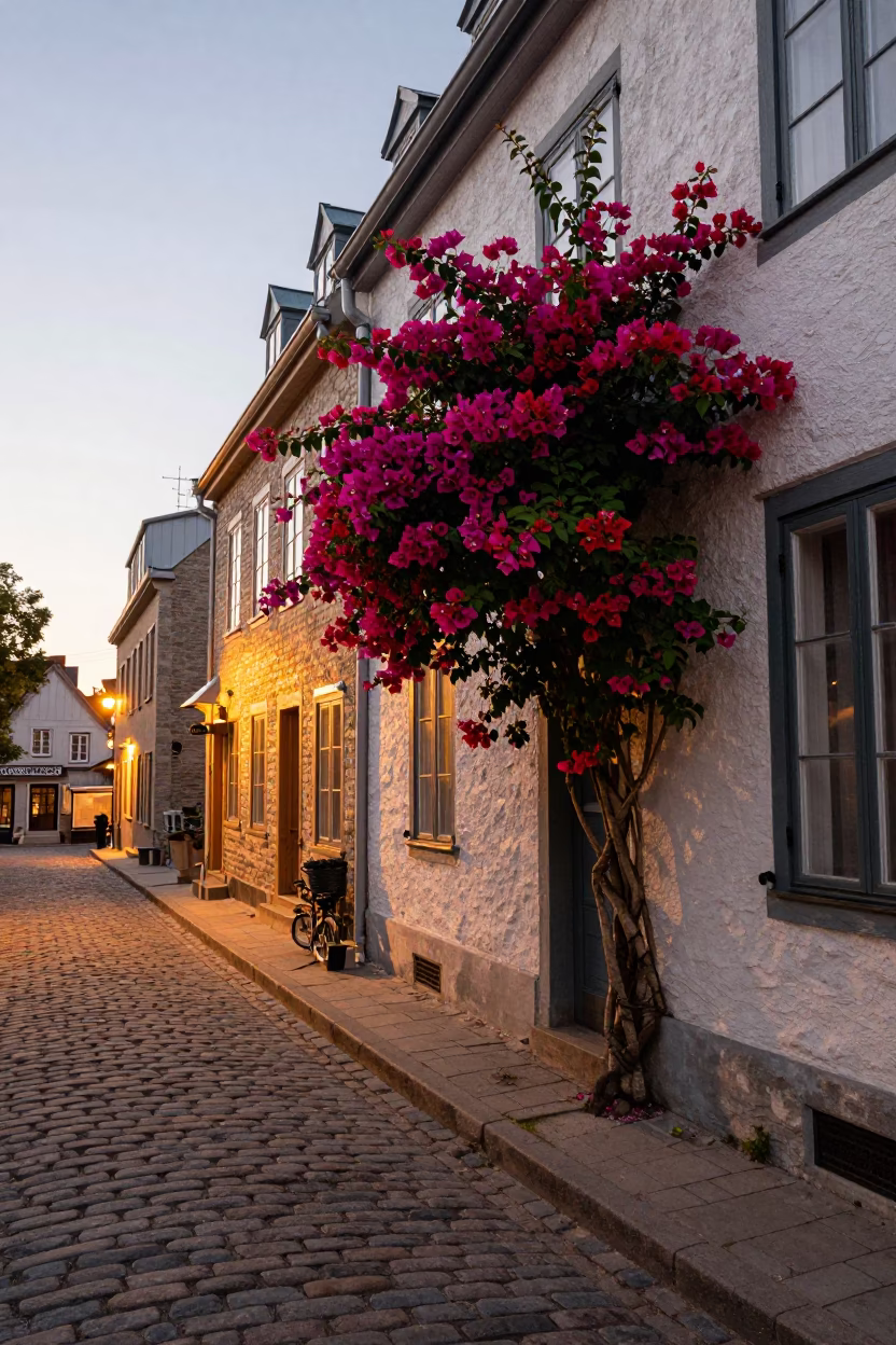 Quebec City Evening Street Scene with Cobblestones and Bougainvillea in in Quebec City, Quebec, Canada