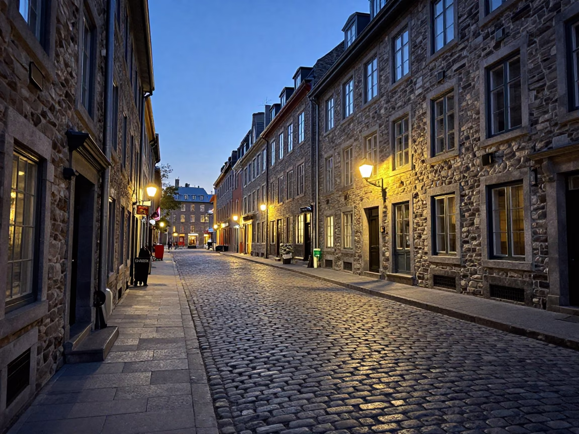 Quebec City Evening Street Scene with Cobblestones and Historic Stone Architecture at Dusk in in Quebec City, Quebec, Canada
