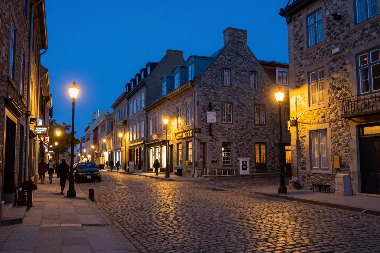 Quebec City Evening Street Scene with Cobblestones and Historic Stone Architecture in in Quebec City, Quebec, Canada
