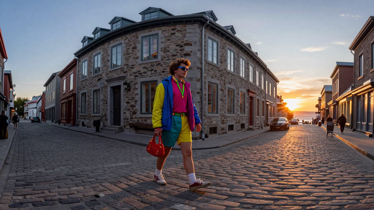 Quebec City Evening Street Scene with Colorful Fashion and Local Details in in Quebec City, Quebec, Canada