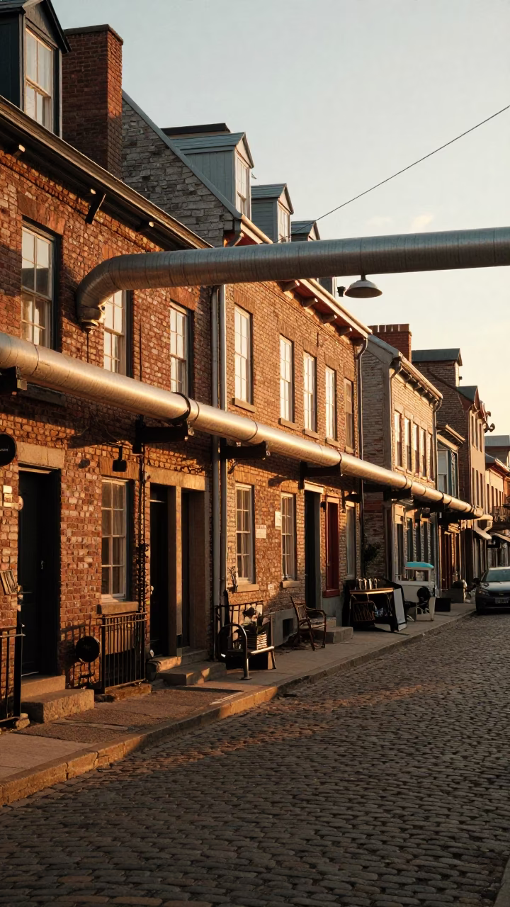 Quebec City Evening Street Scene with District Heating Pipes and Apartment Blocks in in Quebec City, Quebec, Canada