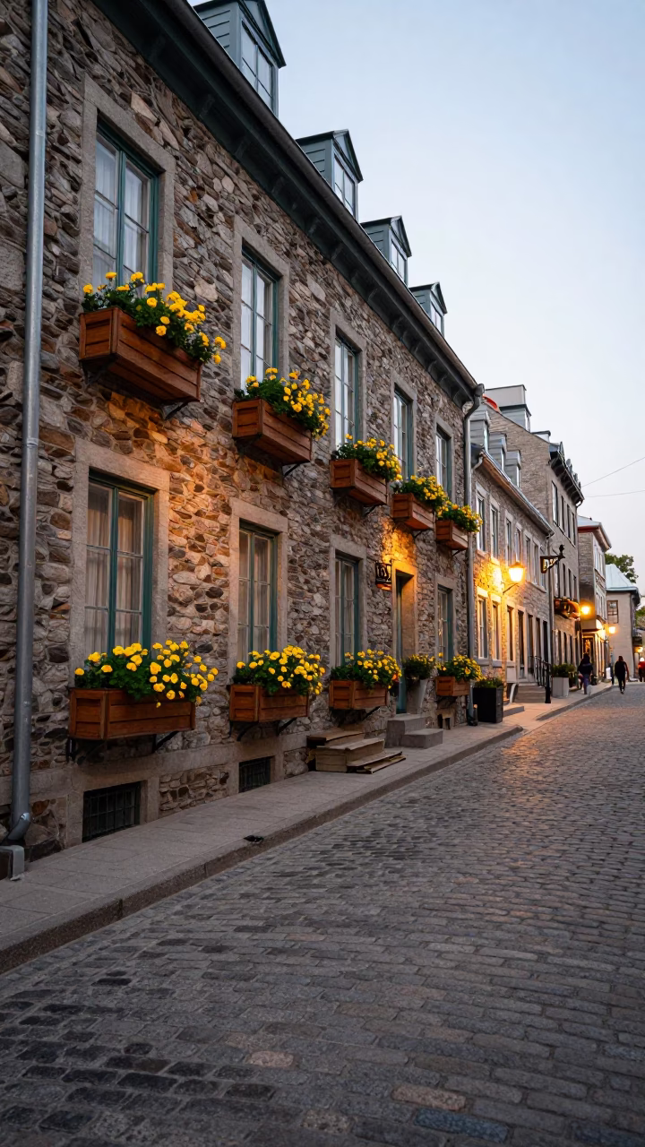 Quebec City Evening Street Scene with Flower Boxes and Cobblestone in in Quebec City, Quebec, Canada