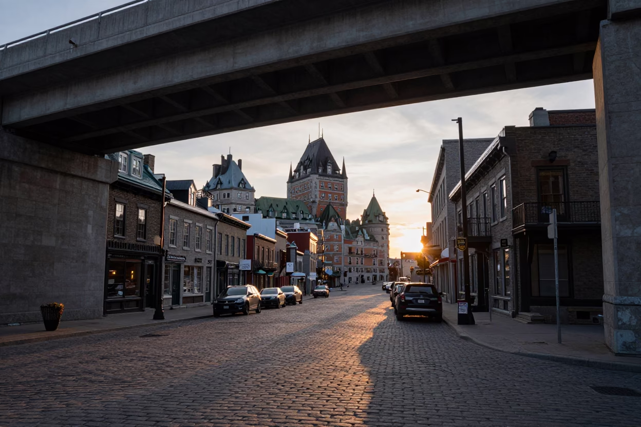 Quebec City Evening Street Scene with Flyover Shadows and Local Life in in Quebec City, Quebec, Canada