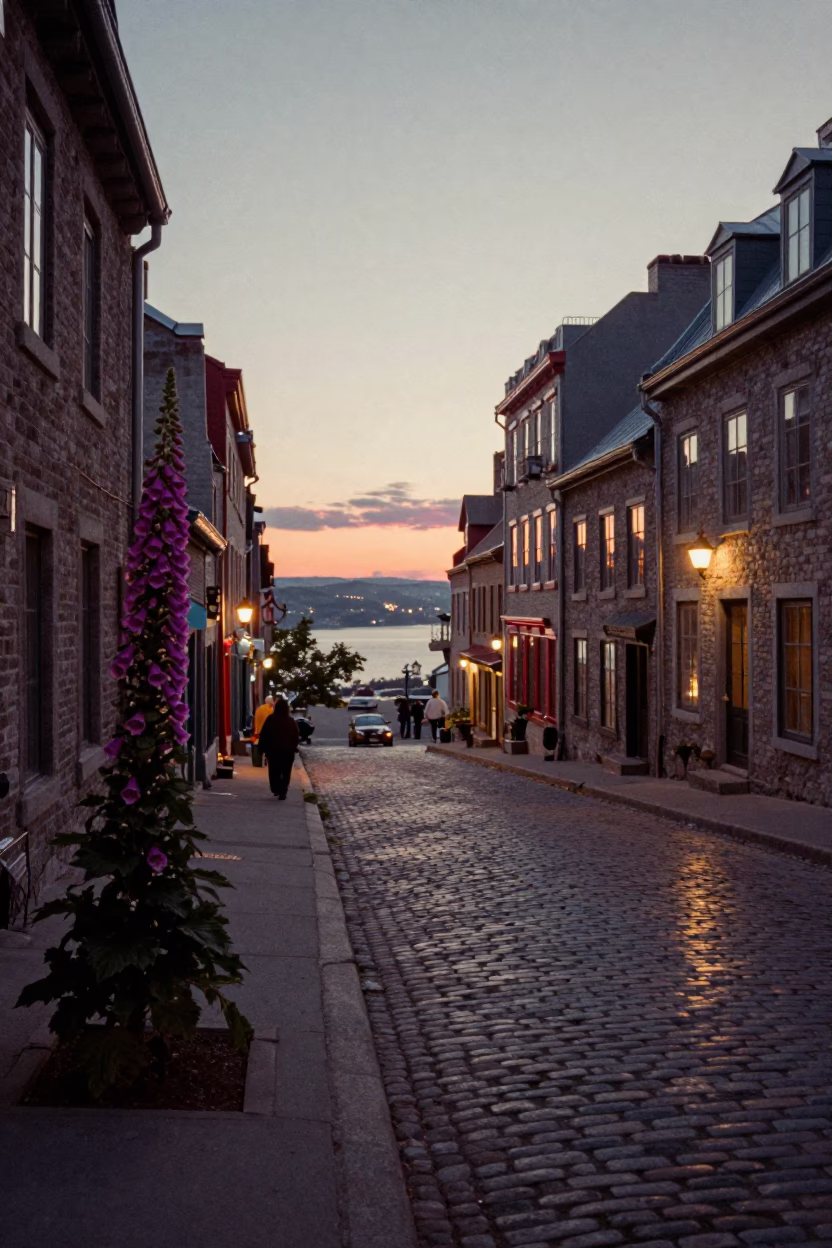 Quebec City Evening Street Scene with Foxglove and Night Light in in Quebec City, Quebec, Canada