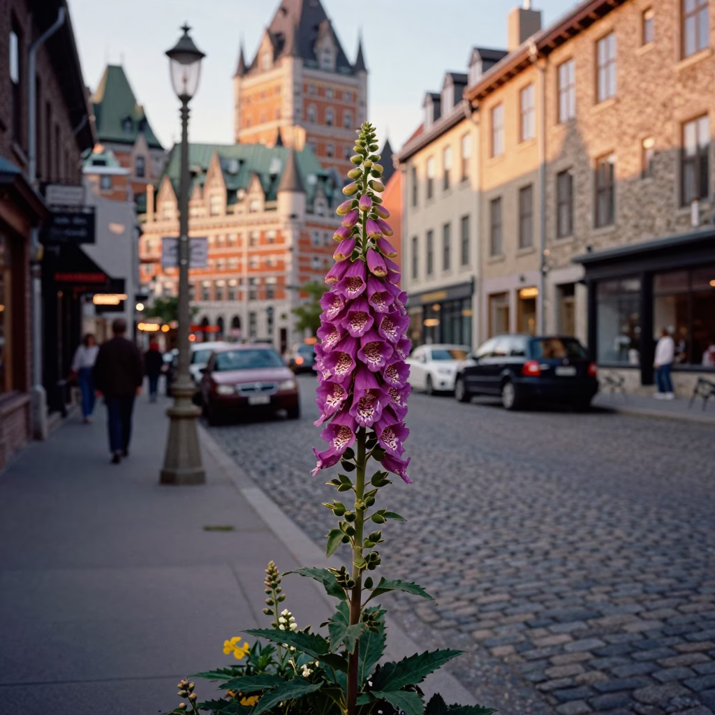 Quebec City Evening Street Scene with Foxglove Blooms and Historic Stone Architecture in in Quebec City, Quebec, Canada
