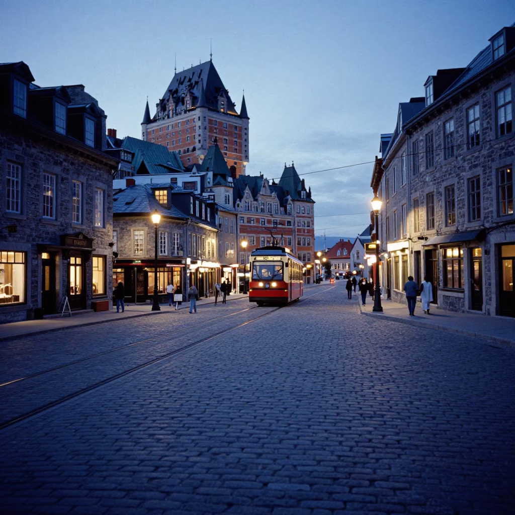 Quebec City Evening Street Scene with Funicular and Cobblestone Plaza in in Quebec City, Quebec, Canada