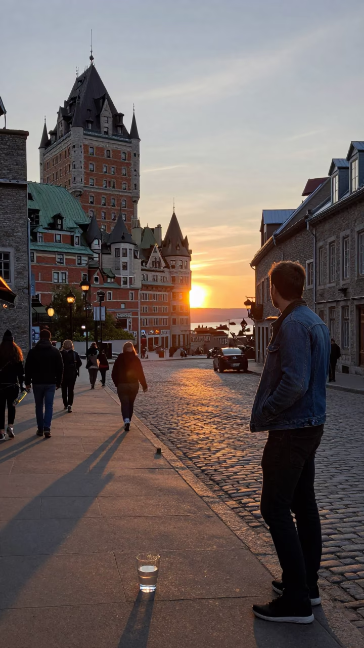 Quebec City Evening Street Scene with Glass Tumbler and German Pinscher in in Quebec City, Quebec, Canada