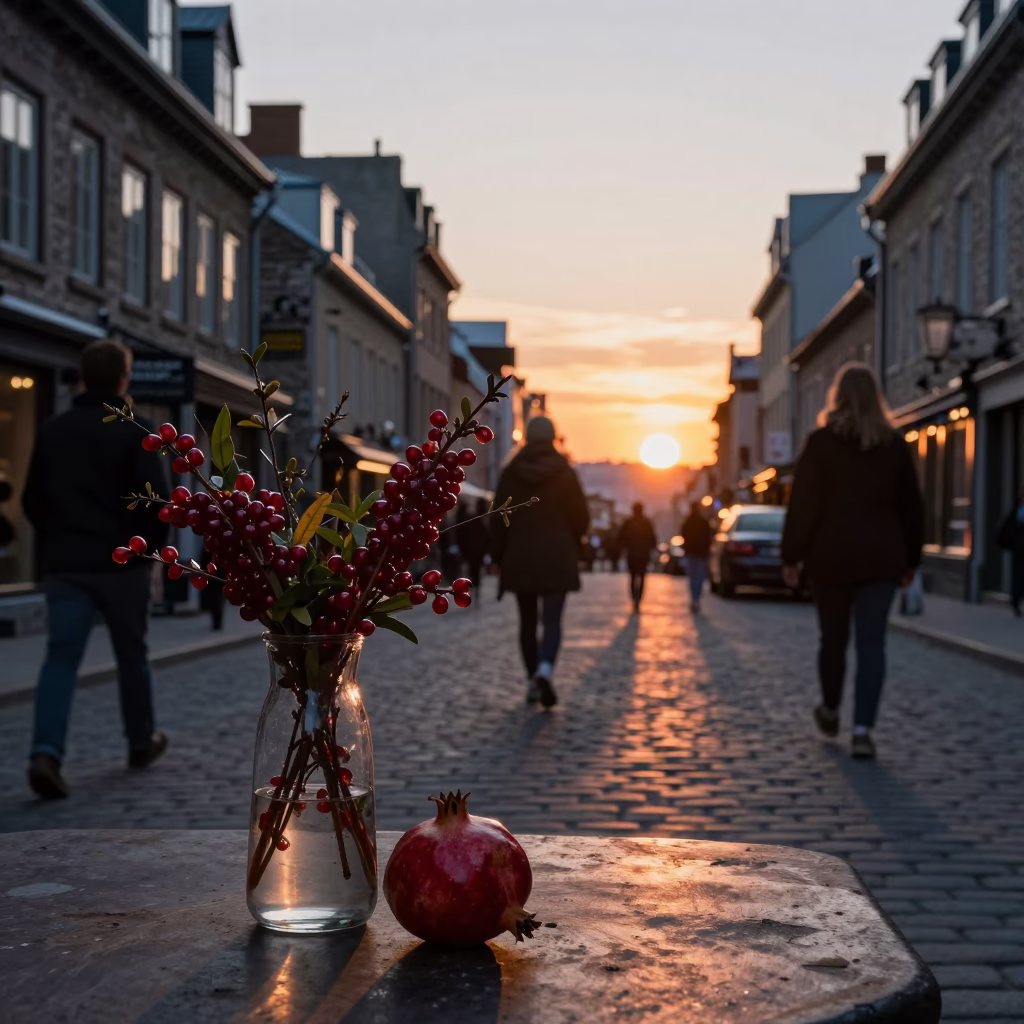 Quebec City Evening Street Scene with Glass Vase and Pomegranate at Sunset in in Quebec City, Quebec, Canada