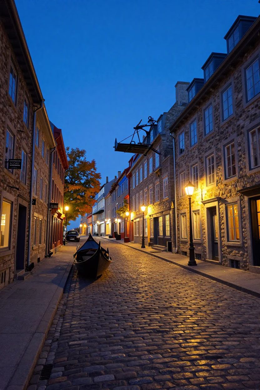 Quebec City Evening Street Scene with Gondola Lift and Autumn Mist in in Quebec City, Quebec, Canada
