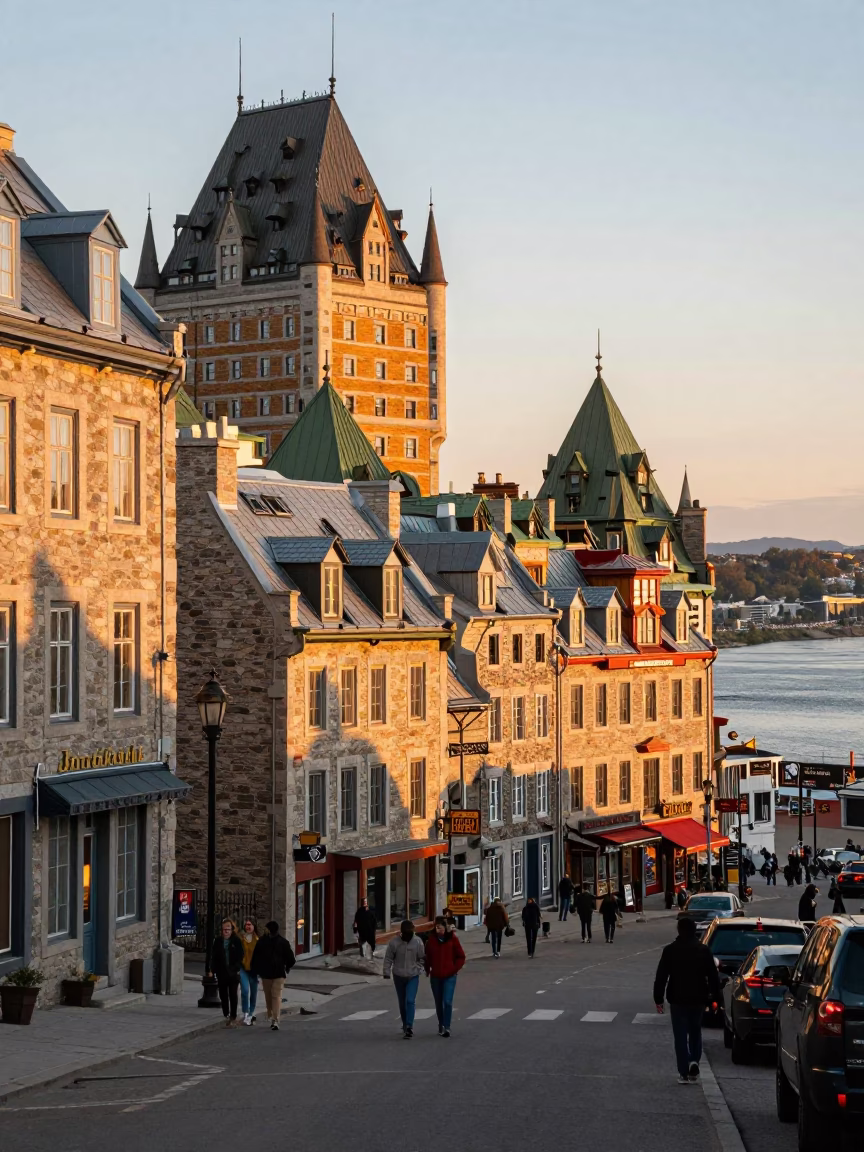 Quebec City Evening Street Scene with Historic Architecture and River View in in Quebec City, Quebec, Canada