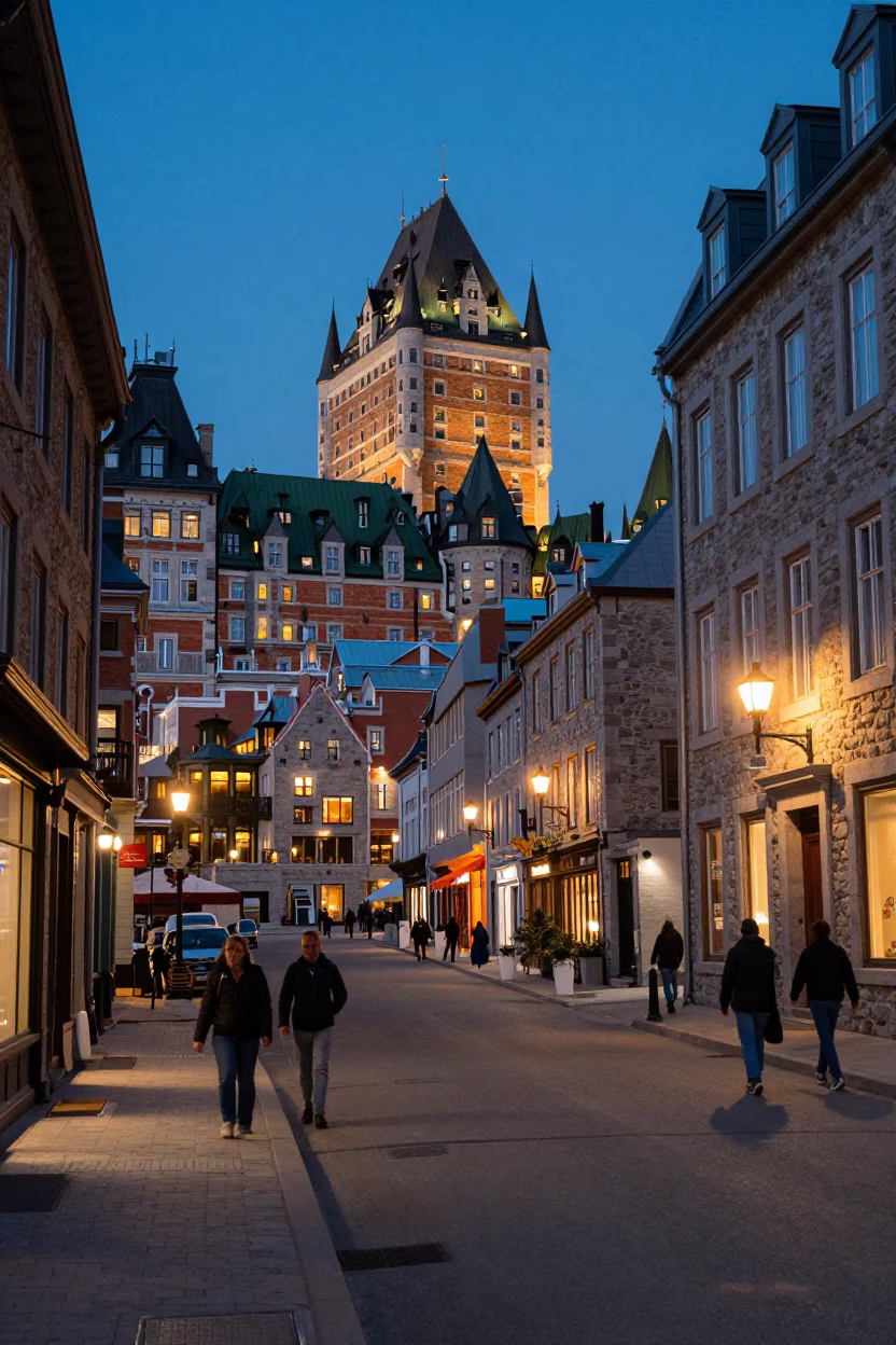 Quebec City Evening Street Scene with Historic Stone Architecture and City Lights in in Quebec City, Quebec, Canada
