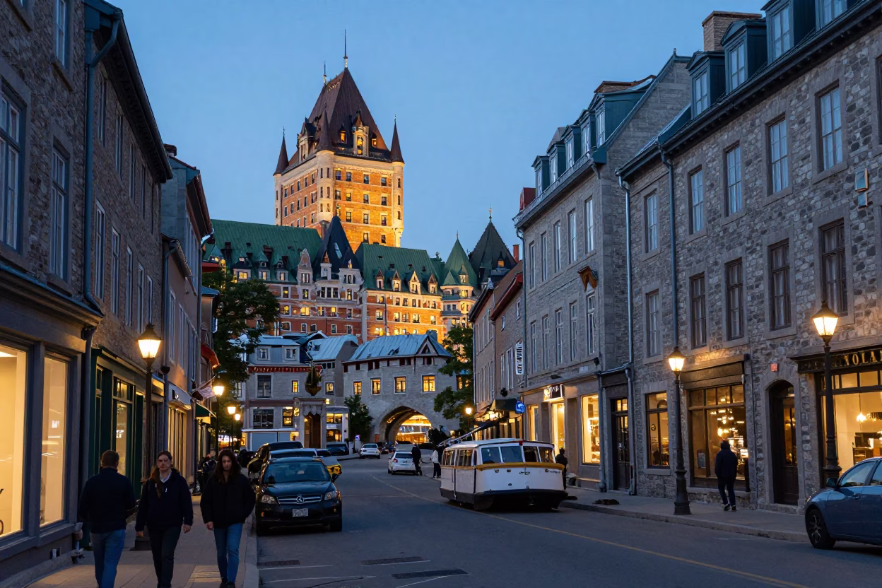 Quebec City Evening Street Scene with Historic Stone Bridge and City Lights in in Quebec City, Quebec, Canada