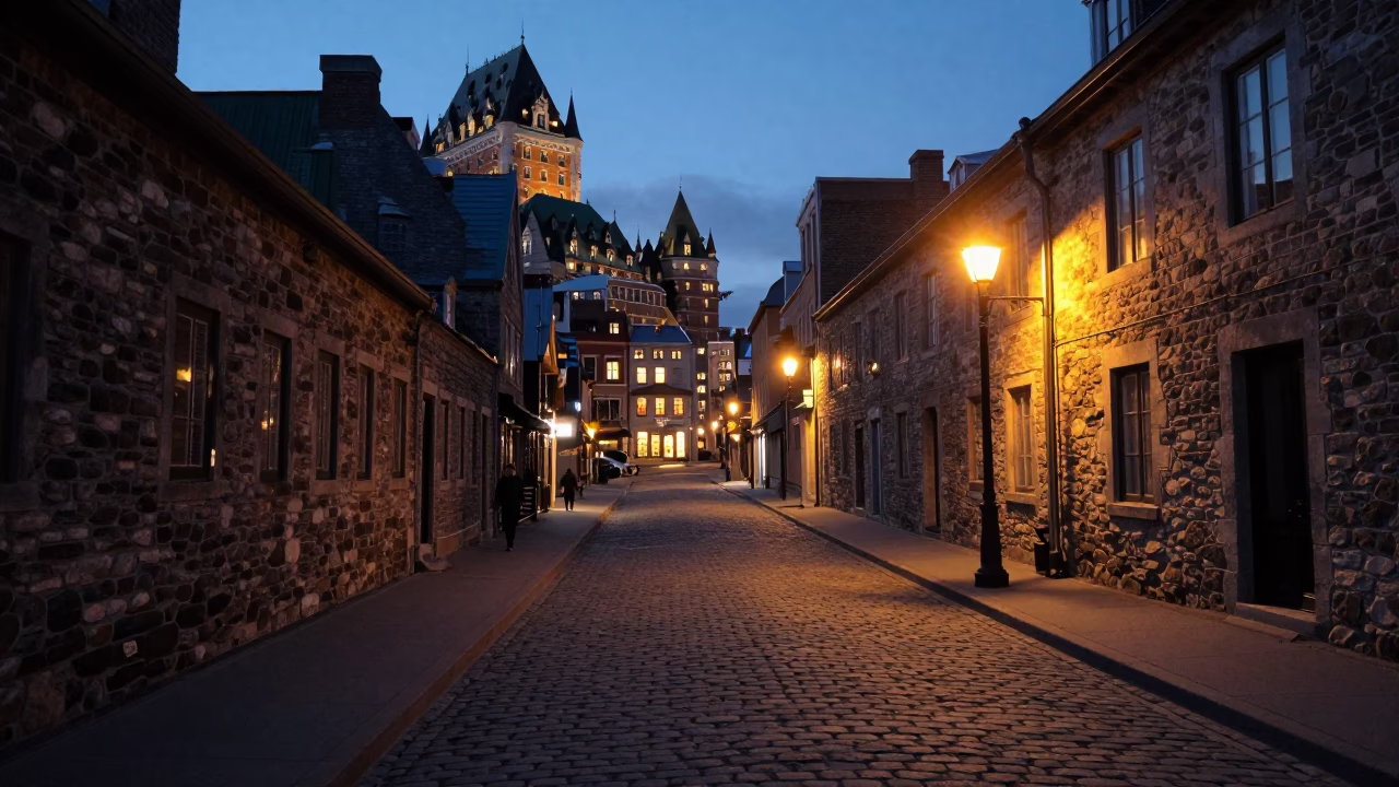 Quebec City Evening Street Scene with Historic Stone Walls and Glowing Streetlights in in Quebec City, Quebec, Canada