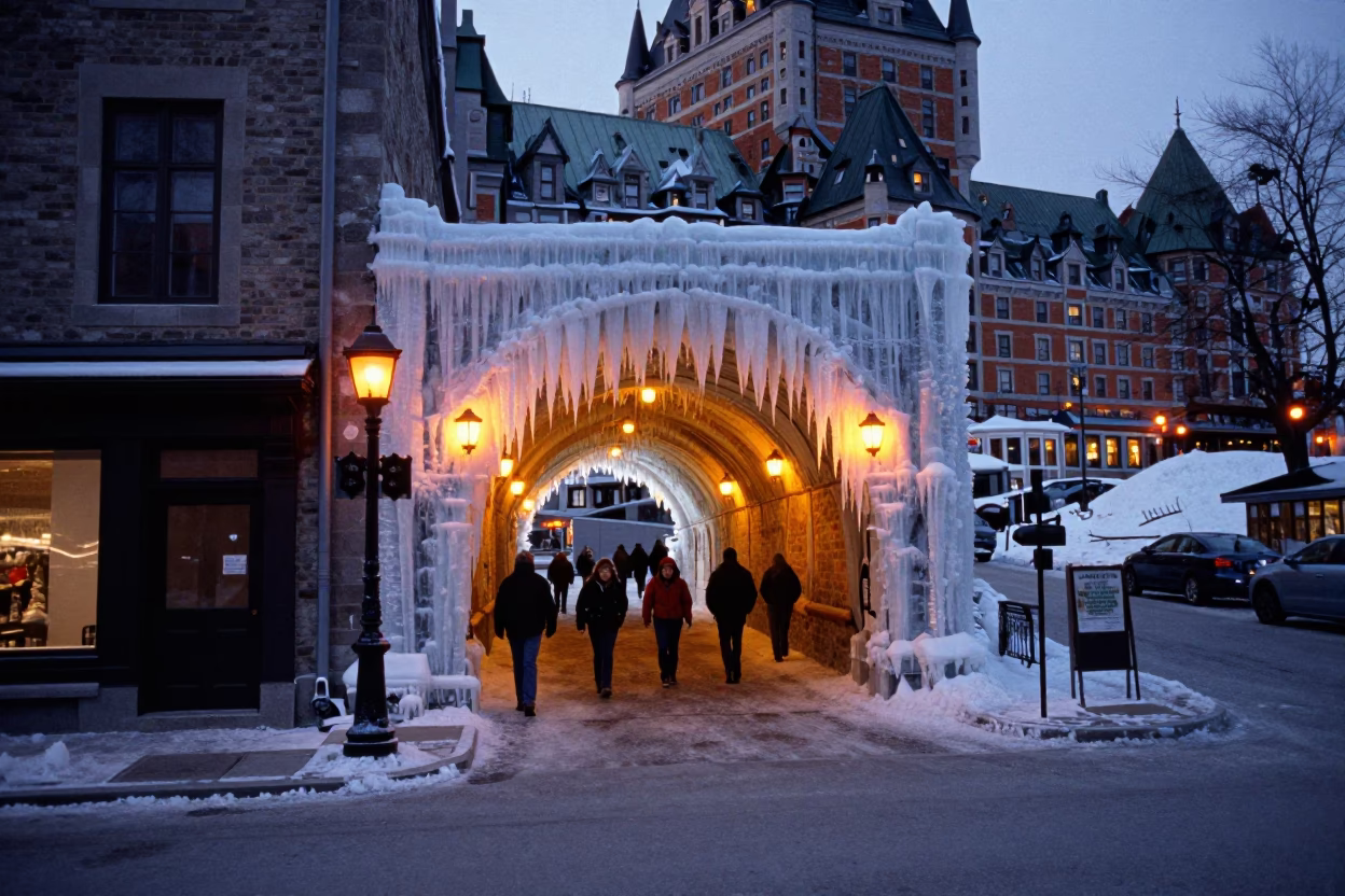 Quebec City Evening Street Scene with Icicle Tunnel Portal and Sodium Lamp Lighting in in Quebec City, Quebec, Canada