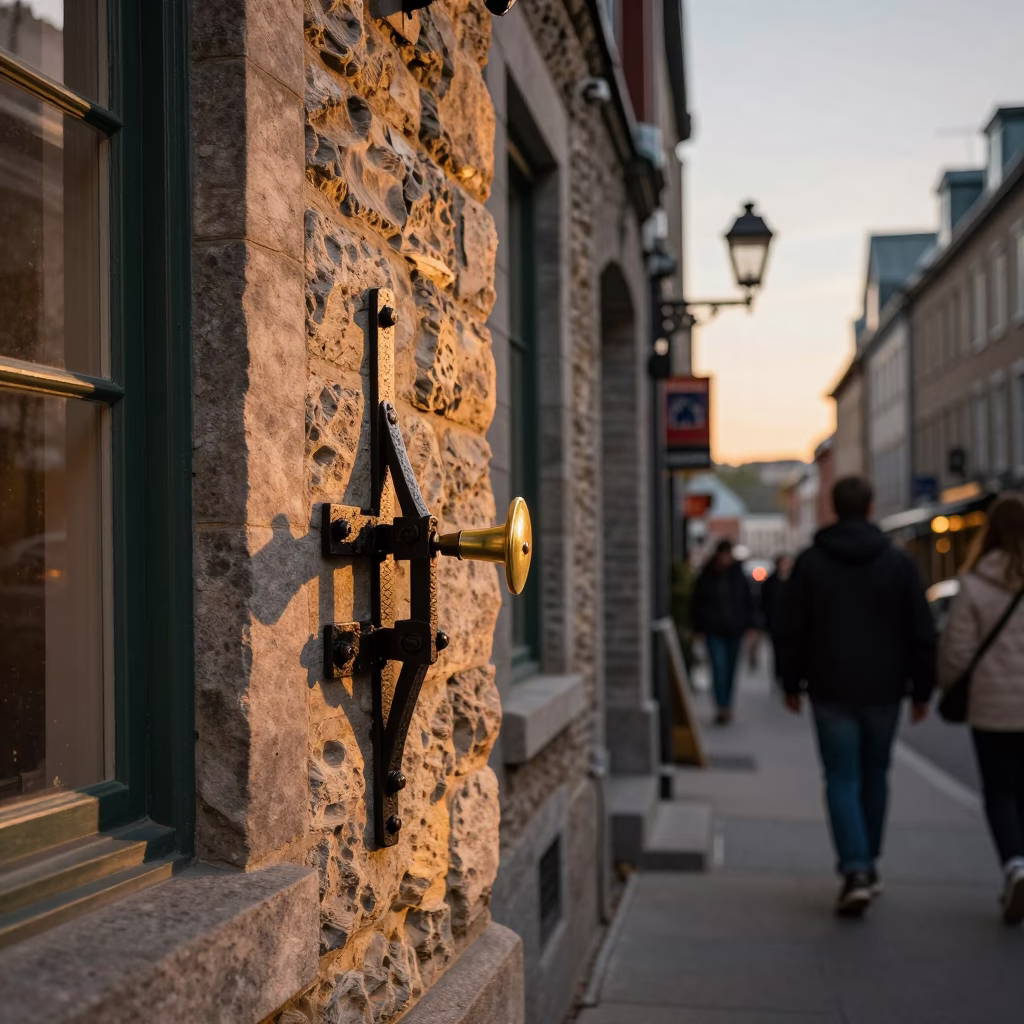 Quebec City Evening Street Scene with Iron Deadbolt and Brass Mirror Detail in in Quebec City, Quebec, Canada