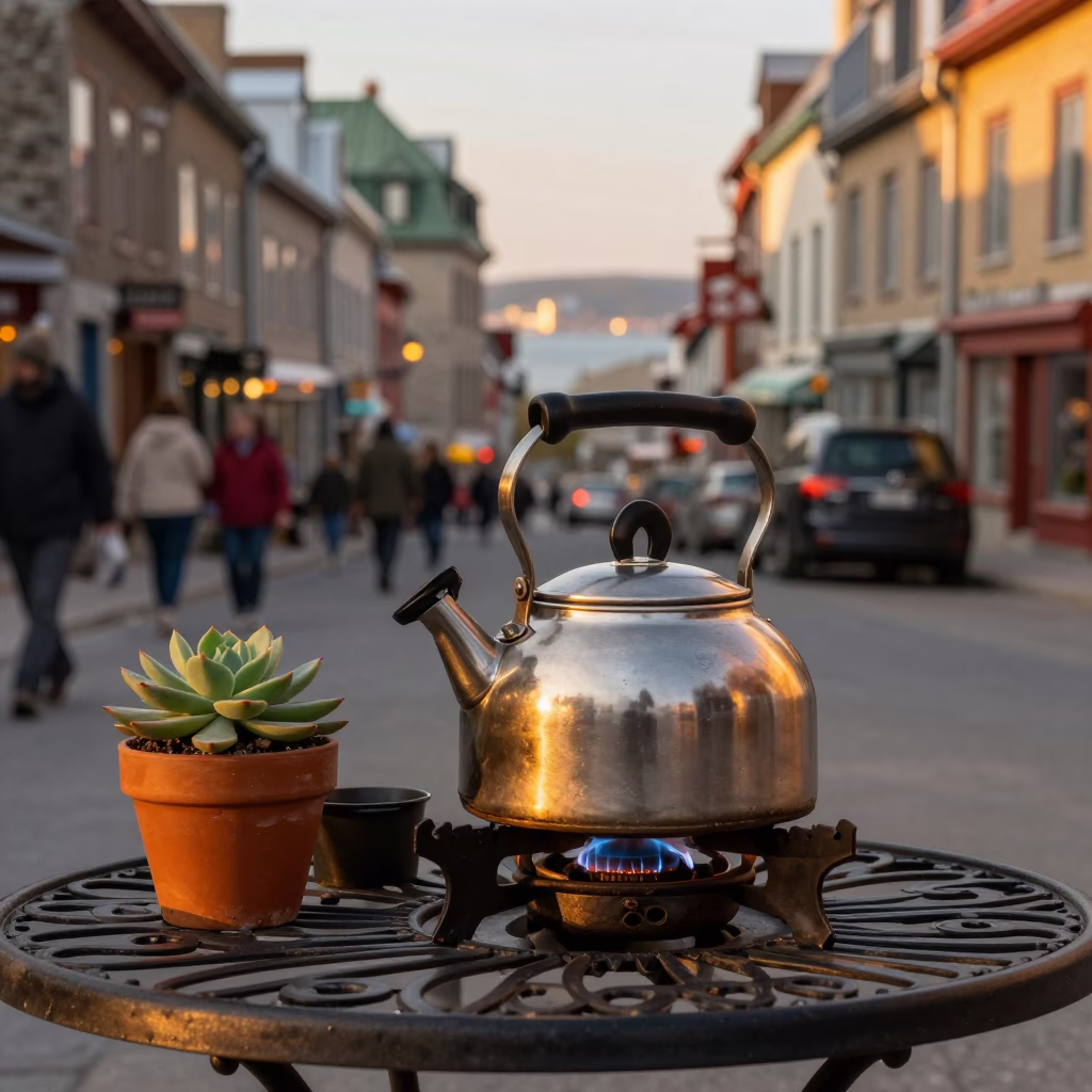 Quebec City Evening Street Scene with Kettle and Succulents in Honeyed Light in in Quebec City, Quebec, Canada