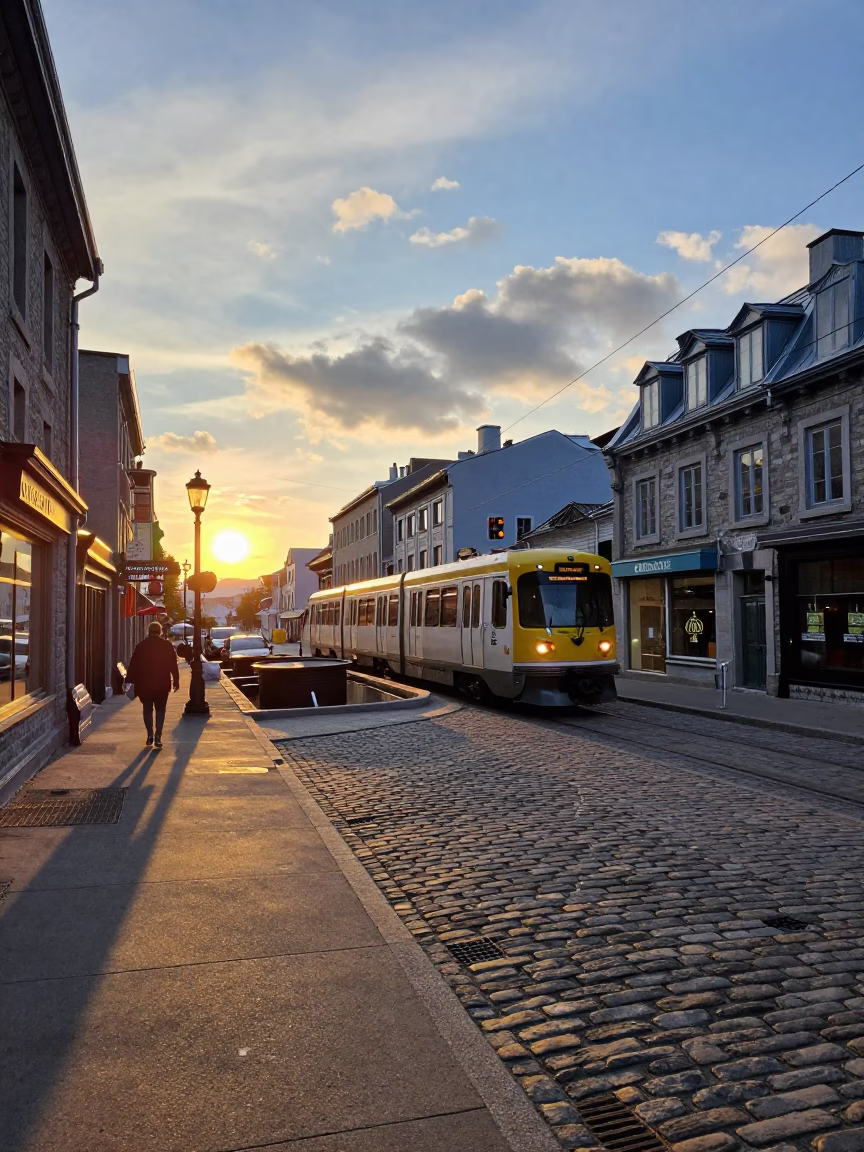Quebec City Evening Street Scene with Metro Train and Local Commerce in in Quebec City, Quebec, Canada