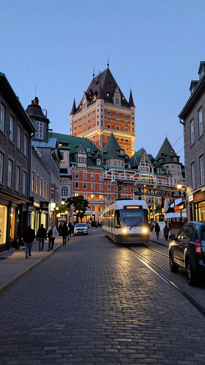 Quebec City Evening Street Scene with Monorail and Traditional Architecture in in Quebec City, Quebec, Canada