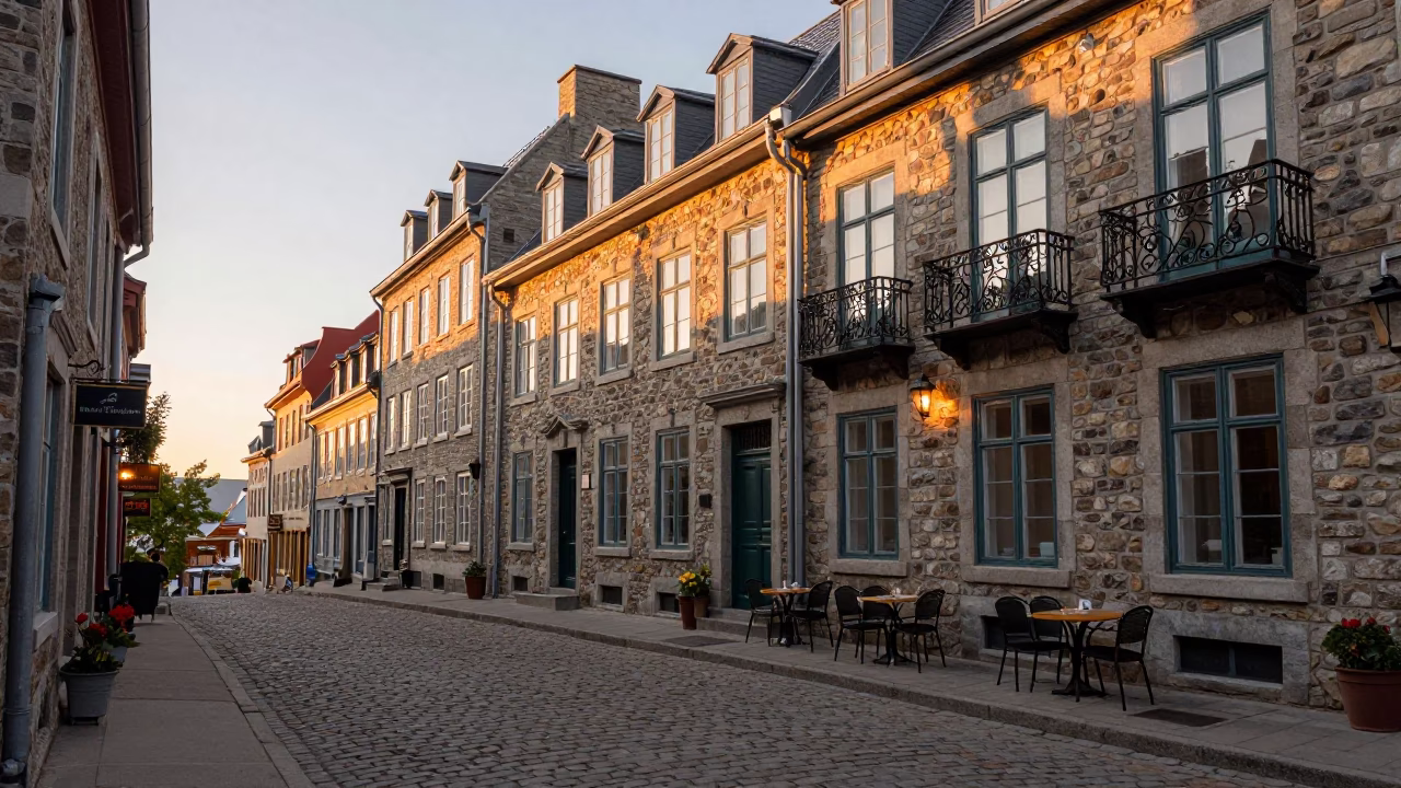 Quebec City Evening Street Scene with Outdoor Cafe Table and Condensation in in Quebec City, Quebec, Canada