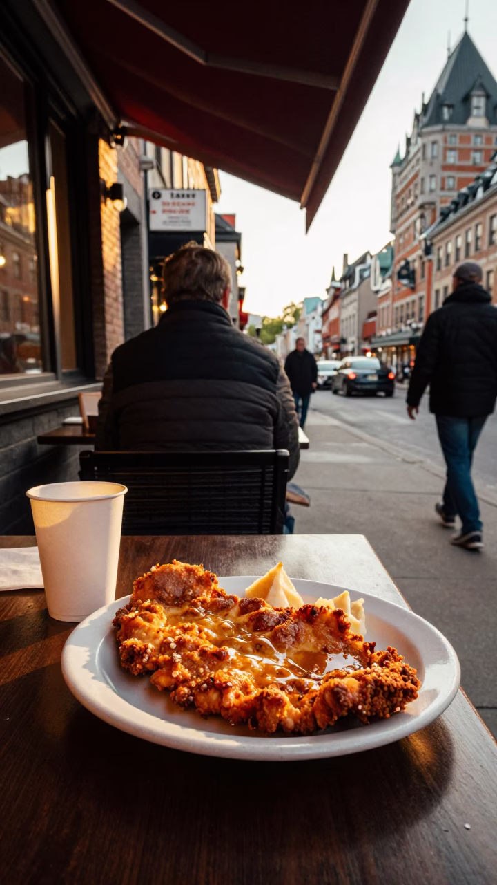 Quebec City Evening Street Scene with Plate of Wiener Schnitzel and Potato Salad in in Quebec City, Quebec, Canada