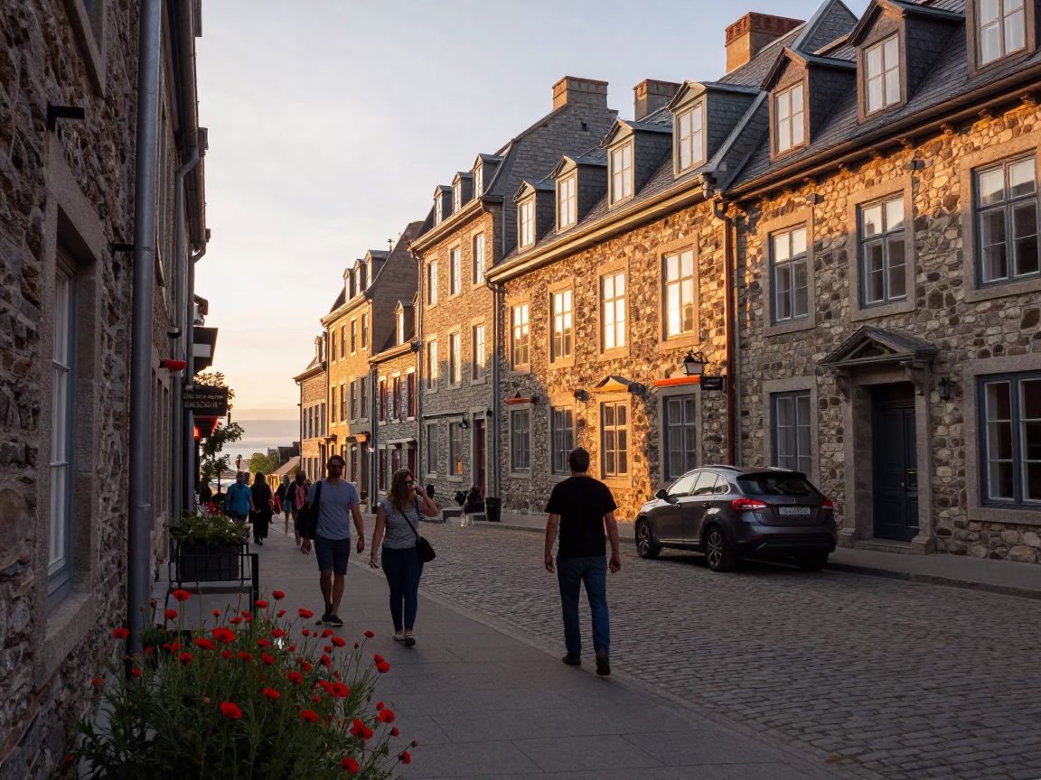 Quebec City Evening Street Scene with Poppies and Urban Activity in in Quebec City, Quebec, Canada