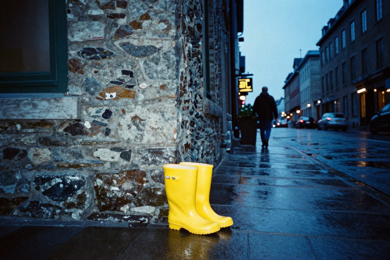 Quebec City Evening Street Scene with Rain Boots and Urban Details in in Quebec City, Quebec, Canada