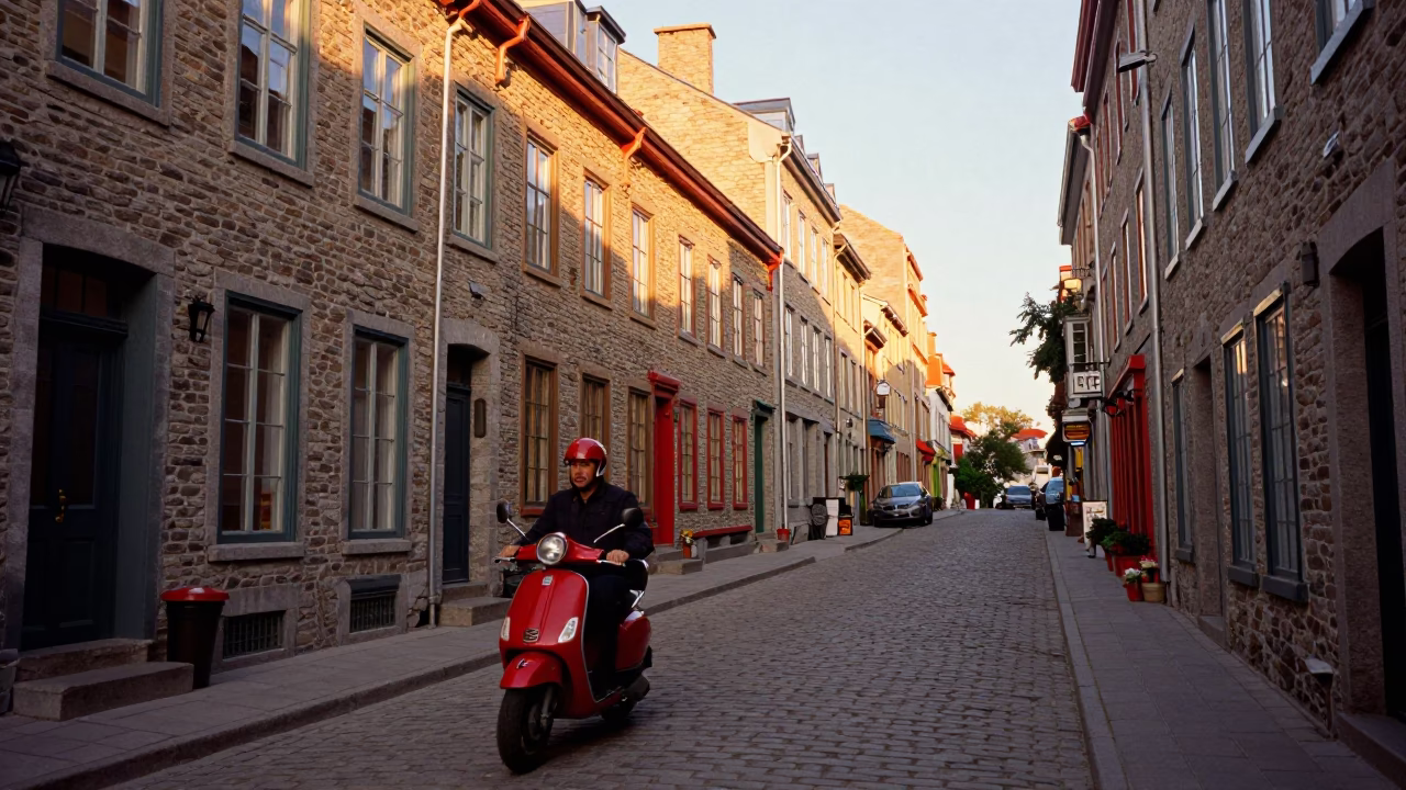 Quebec City Evening Street Scene with Scooter and Historic Architecture in in Quebec City, Quebec, Canada