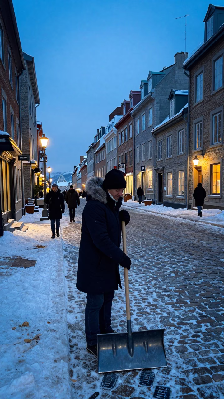 Quebec City Evening Street Scene with Snow Shovel and Cobblestones in in Quebec City, Quebec, Canada