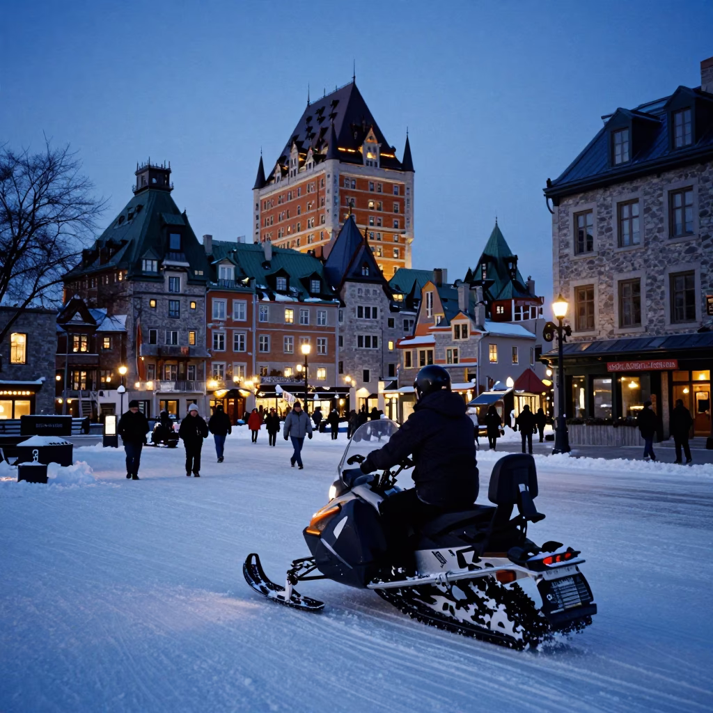 Quebec City Evening Street Scene with Snowmobile and Historic Stone Architecture in in Quebec City, Quebec, Canada