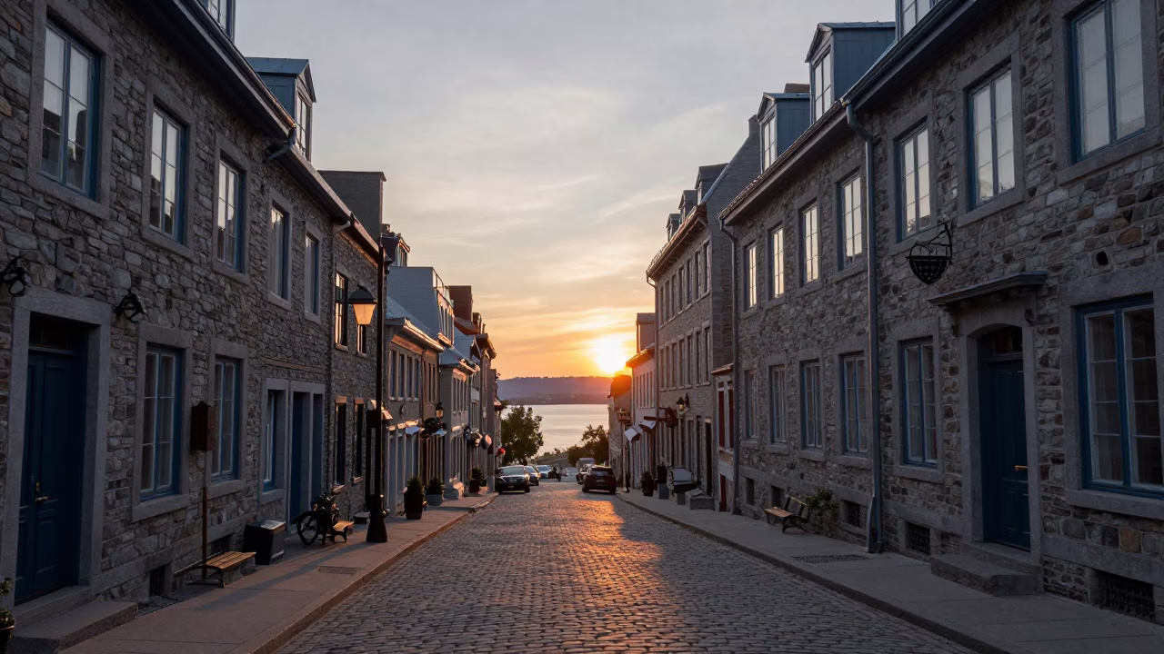 Quebec City Evening Street Scene with Stone Buildings and Sunset Light in in Quebec City, Quebec, Canada
