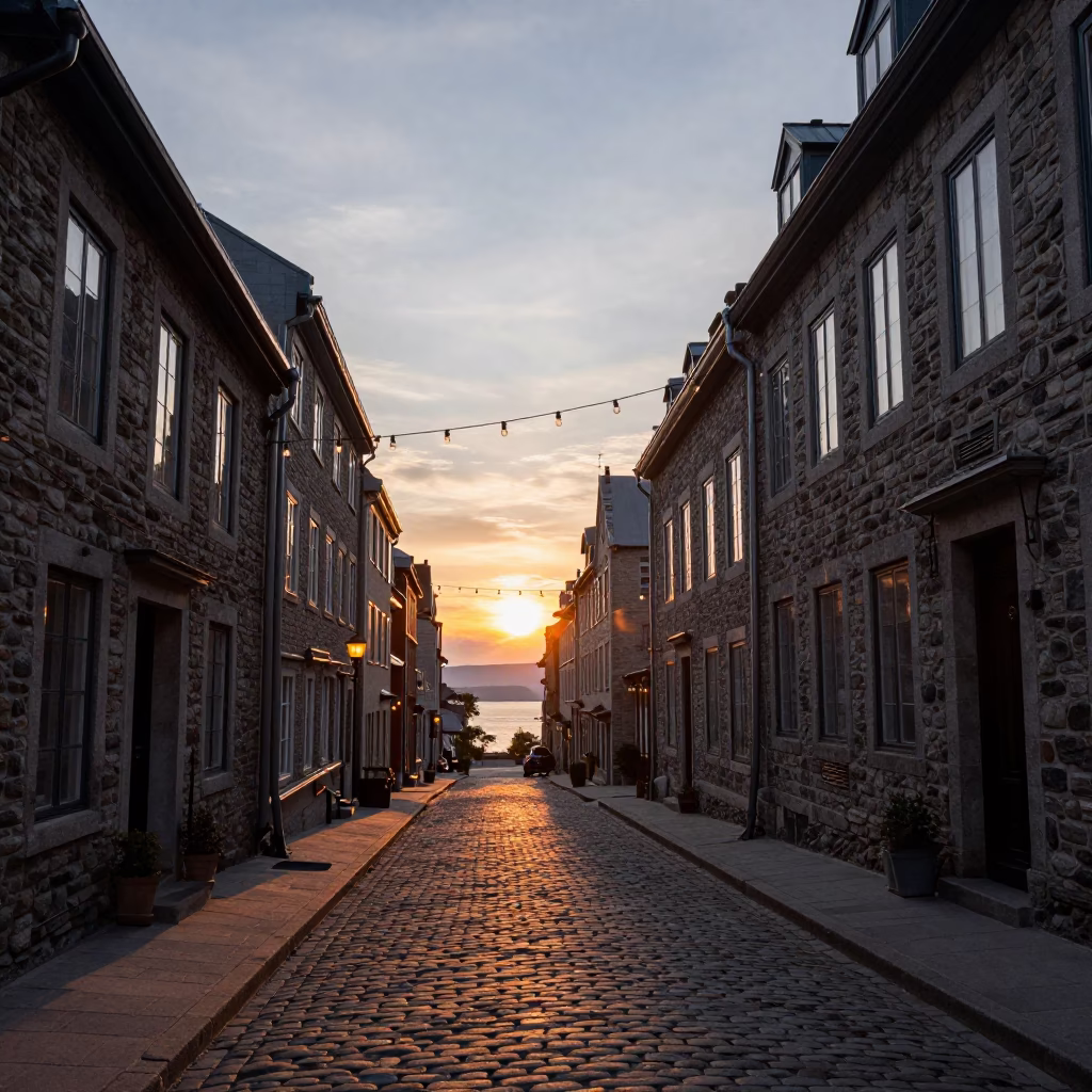 Quebec City Evening Street Scene with String Lights and Concrete Infrastructure in in Quebec City, Quebec, Canada