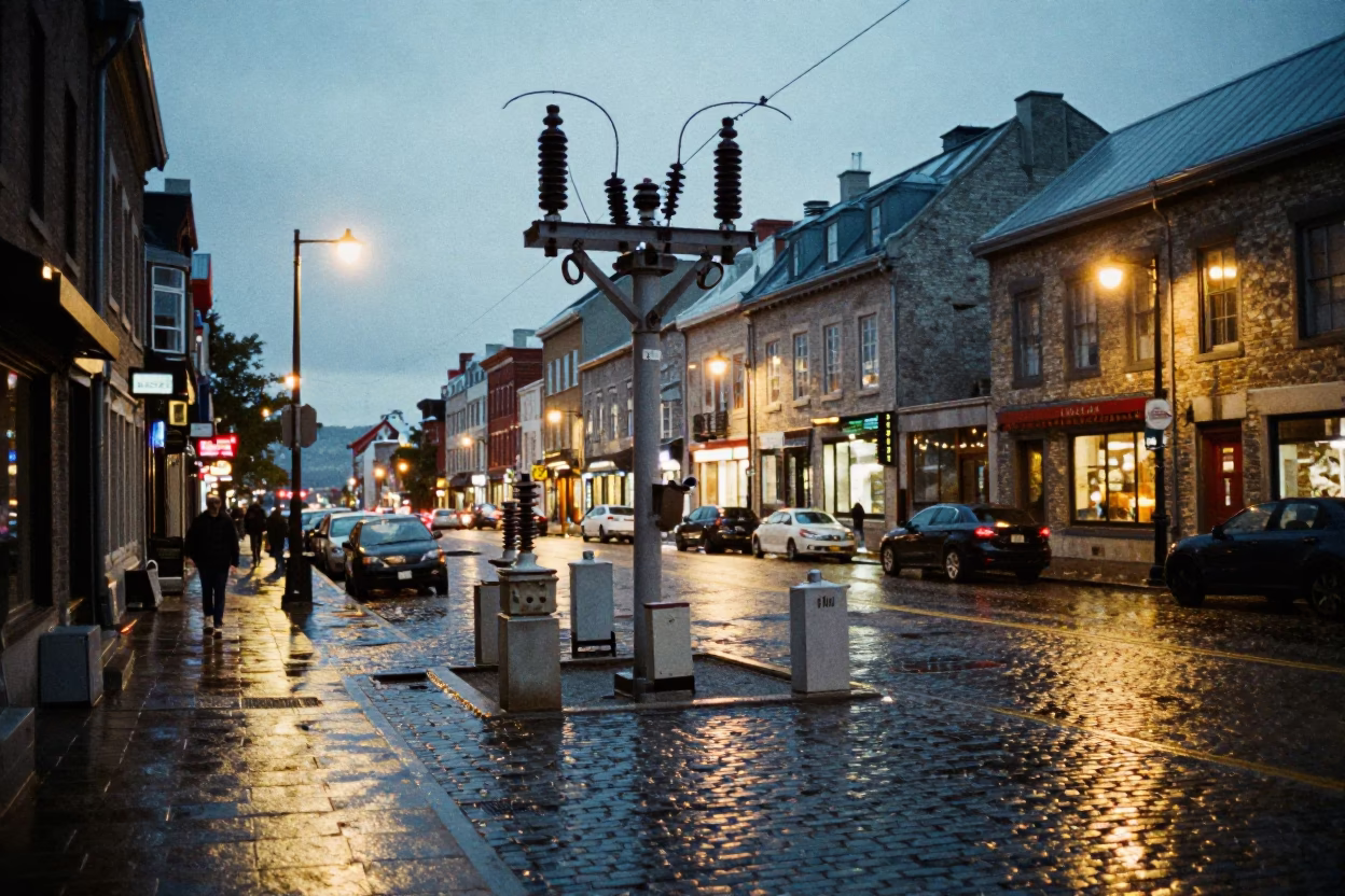 Quebec City Evening Street Scene with Substation Insulators and Urban Lights in in Quebec City, Quebec, Canada