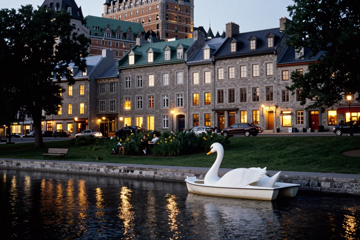Quebec City Evening Street Scene with Swan Pedal Boat and Local Life in in Quebec City, Quebec, Canada
