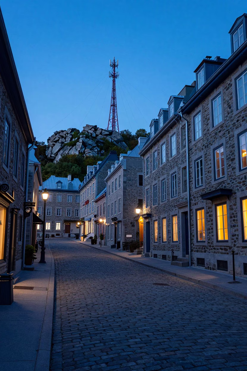 Quebec City Evening Street Scene with Telecommunication Mast and Twine Fibers in in Quebec City, Quebec, Canada