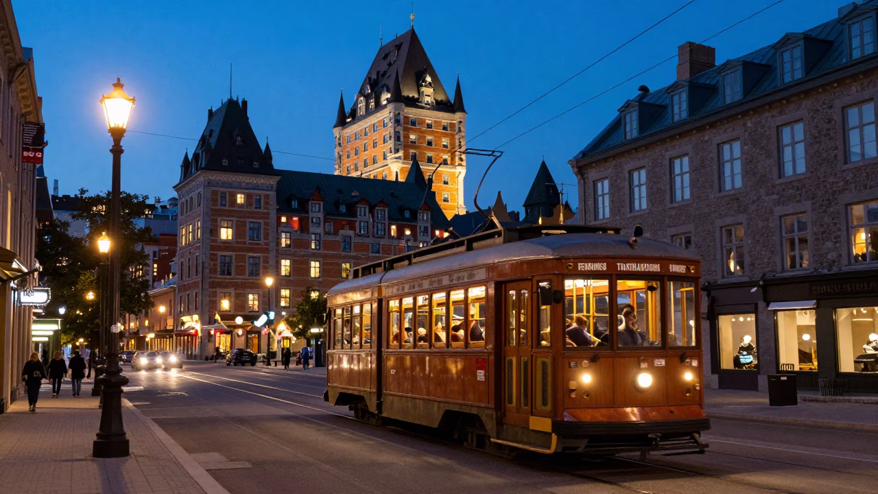 Quebec City Evening Street Scene with Tramcar and Glowing Historic Architecture in in Quebec City, Quebec, Canada