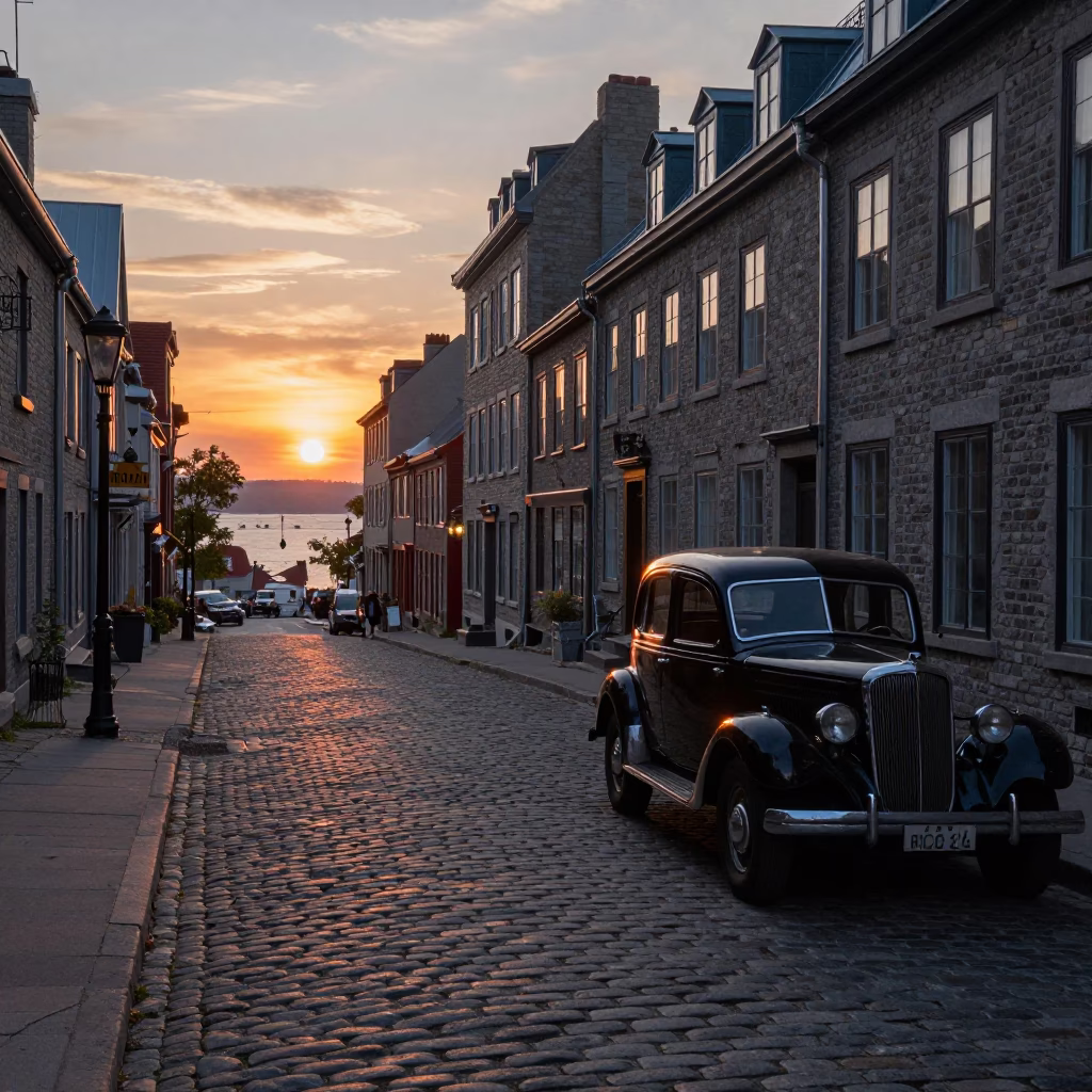 Quebec City Evening Street Scene with Vintage Automobile and Cobblestone Architecture in in Quebec City, Quebec, Canada