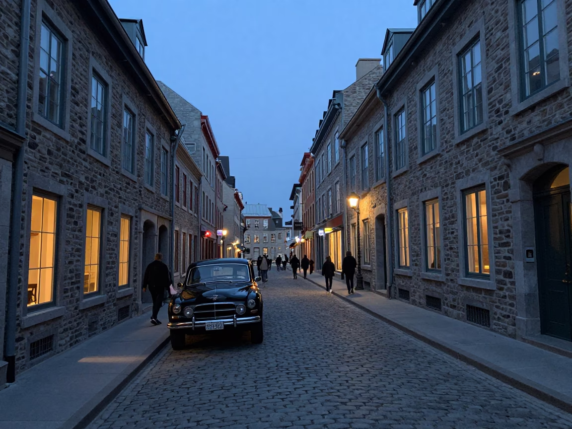 Quebec City Evening Street Scene with Vintage Car and Cobblestone Architecture in in Quebec City, Quebec, Canada