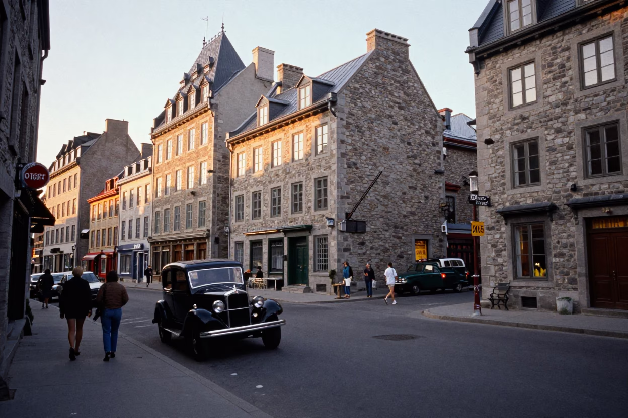 Quebec City Evening Street Scene with Vintage Car and Stone Architecture in in Quebec City, Quebec, Canada