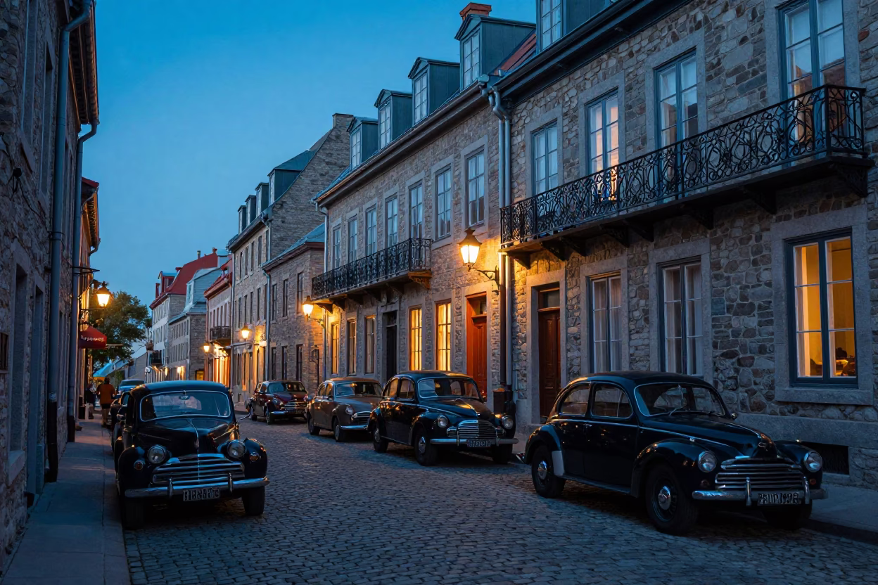Quebec City Evening Street Scene with Vintage Cars and Cobblestone Architecture in in Quebec City, Quebec, Canada